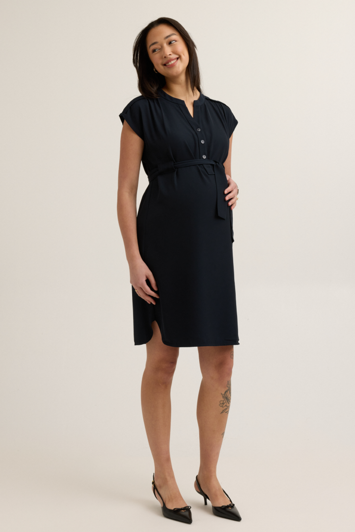 Belted Woven Maternity Work Dress (Navy) | CARRY