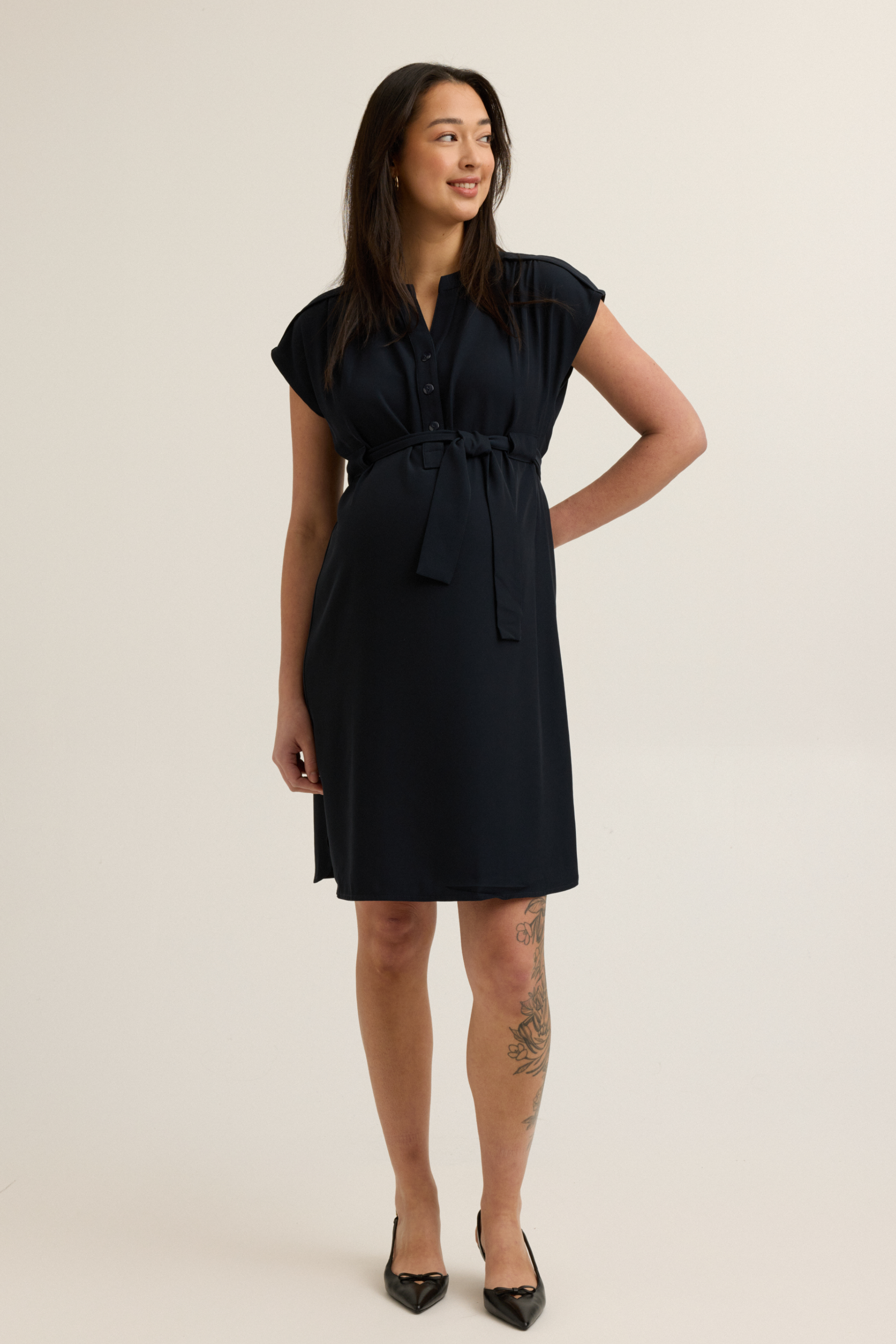 Belted Woven Maternity Work Dress (Navy) | CARRY