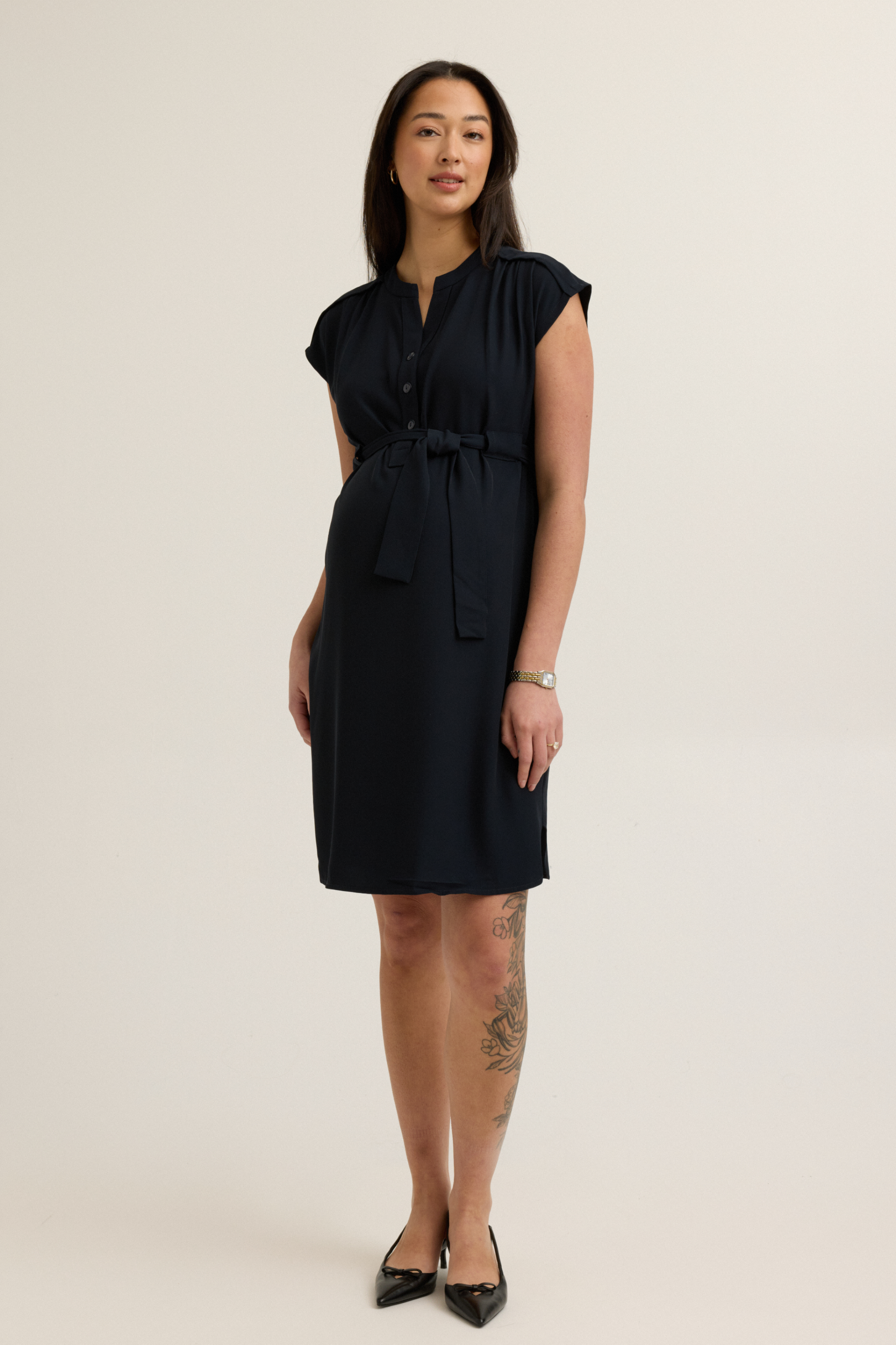 Belted Woven Maternity Work Dress (Navy) | CARRY