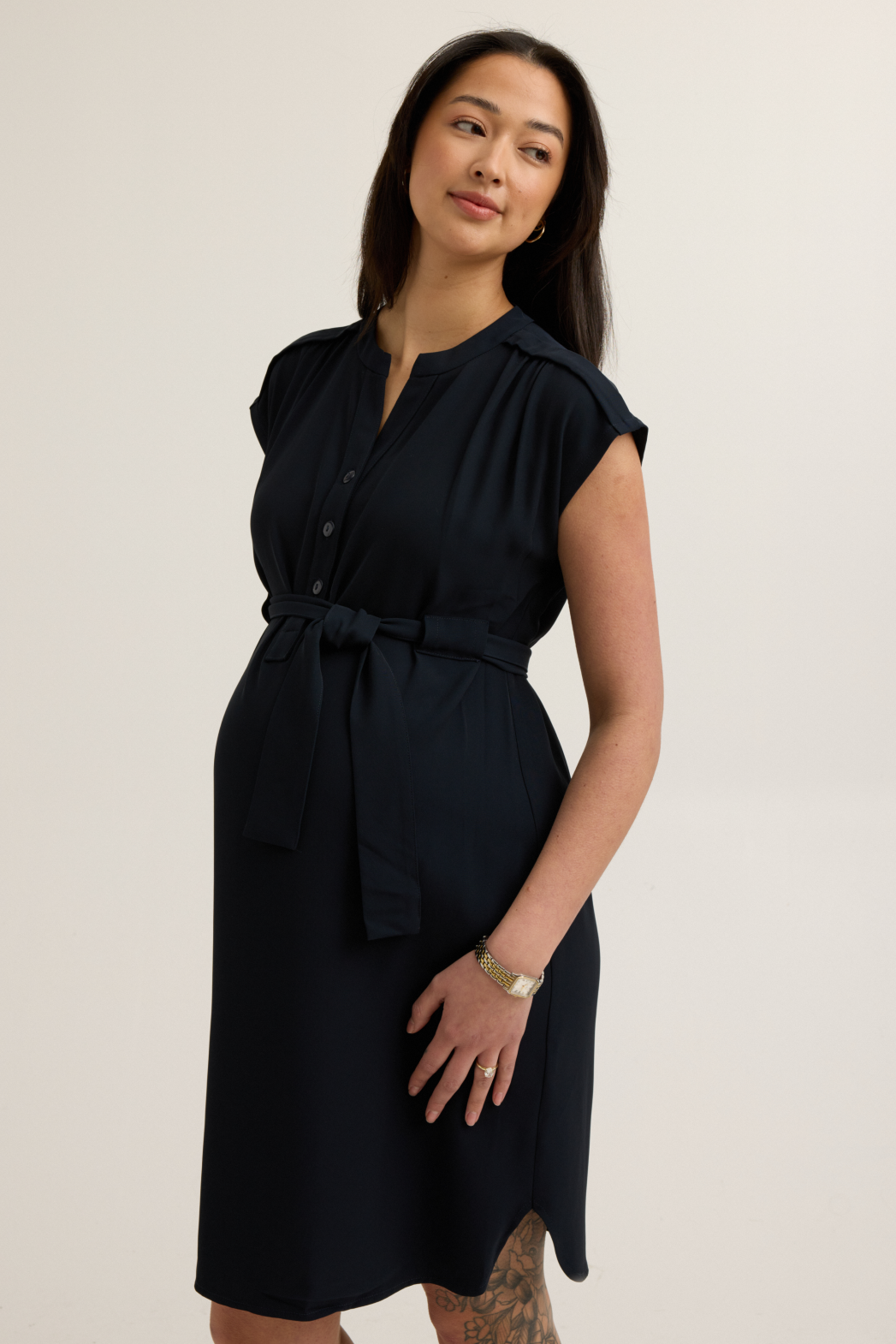 Belted Woven Maternity Work Dress (Navy) | CARRY