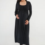The Cadence Nursing Dress offers effortless style and all-day comfort in ultra-soft modal rib. Long sleeves and a full-length silhouette make it ideal year-round, while the functional button front allows for easy nursing and customizable leg coverage.