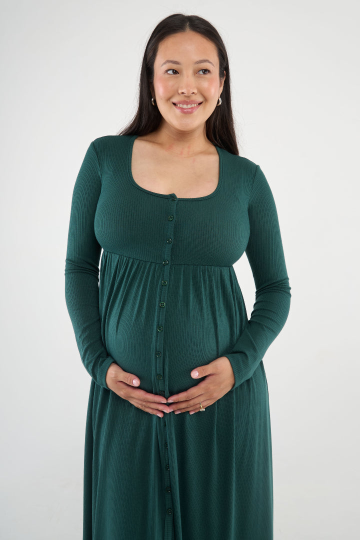 The Cadence Nursing Dress offers effortless style and all-day comfort in ultra-soft modal rib. Long sleeves and a full-length silhouette make it ideal year-round, while the functional button front allows for easy nursing and customizable leg coverage