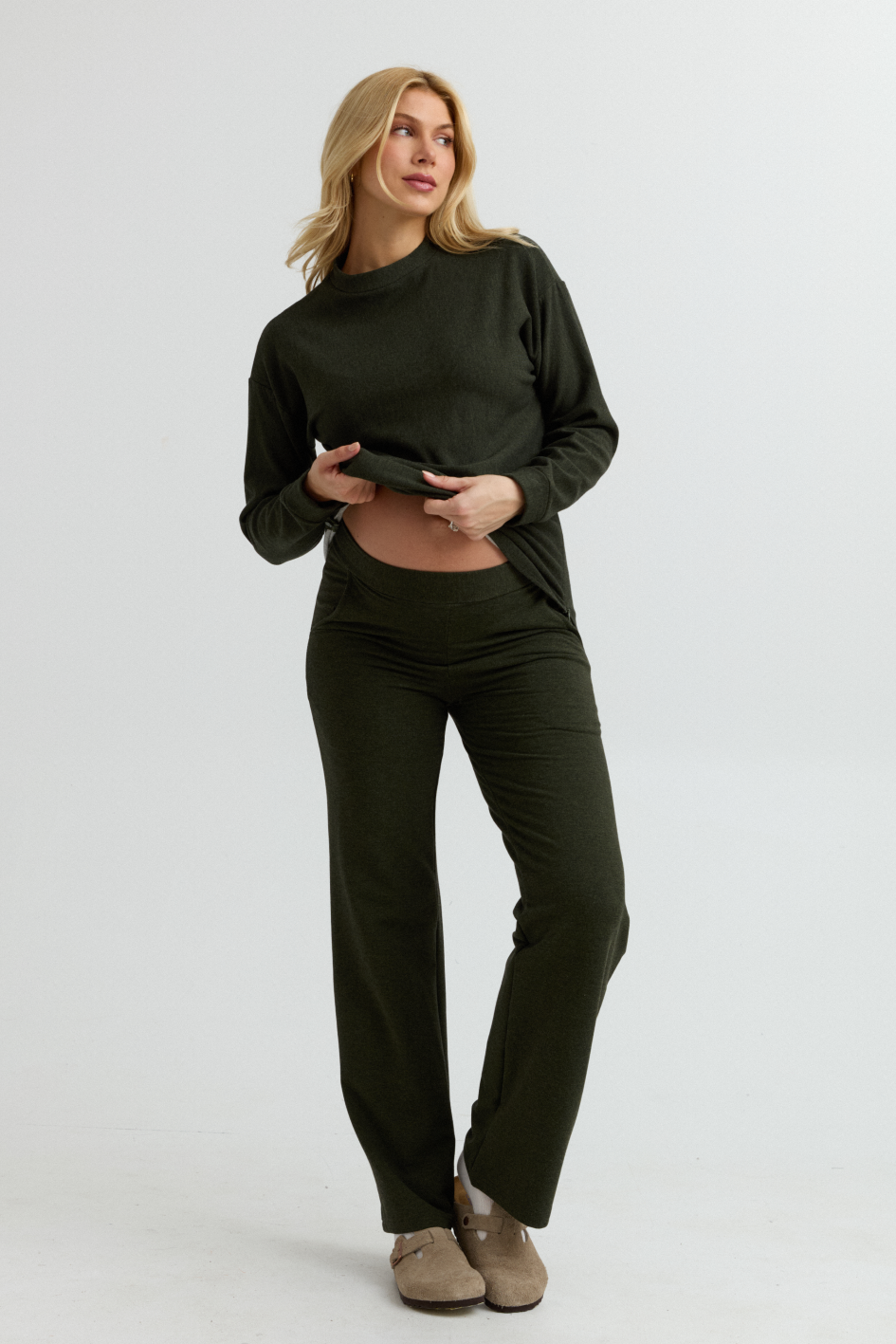 Cozy Fleece Maternity Wide Leg Pant Forest Green CARRY Carry Maternity Canada