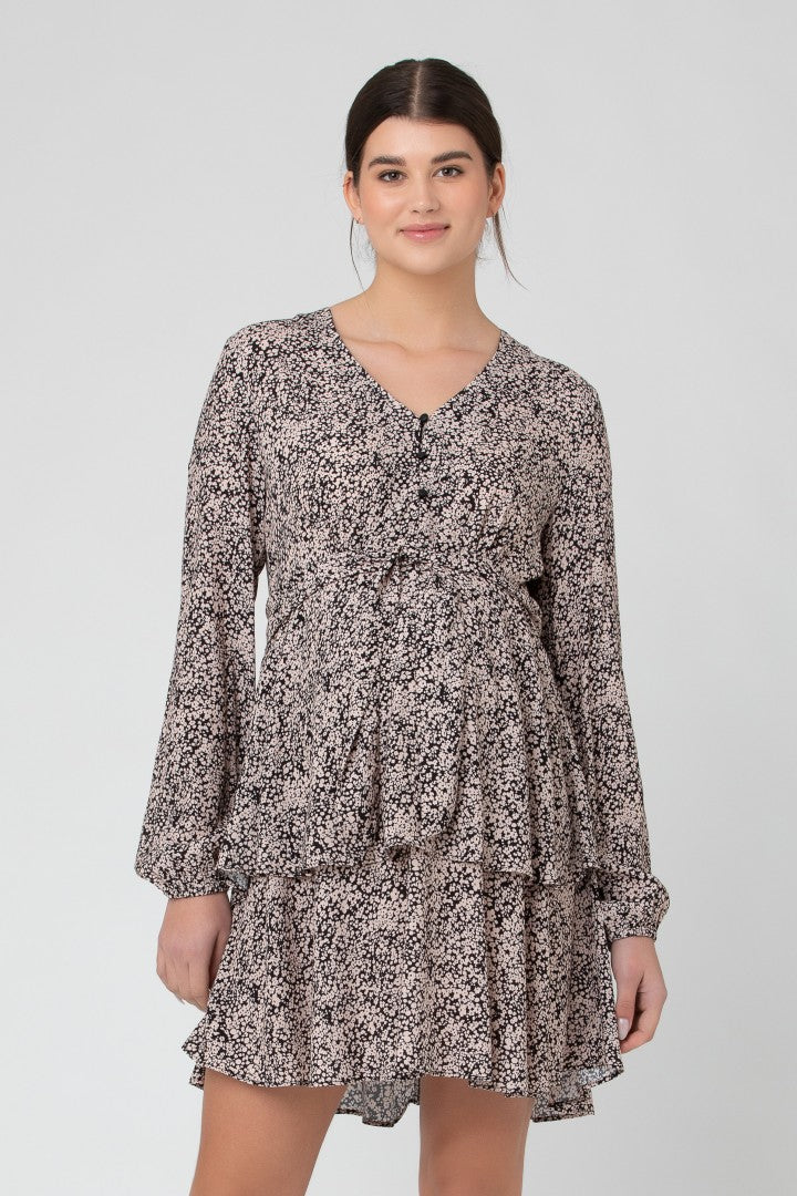 Dusty blue floral button up long maternity dress with long sleeves