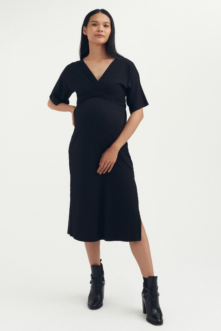 Luxe Rib Slit Dress - Black | CARRY | Maternity and Nursing Dresses Canada