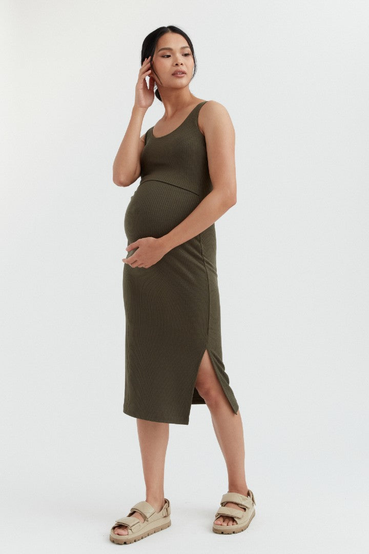 Maternity and Nursing Ribbed Tank Dress (Khaki Green) – Carry Maternity  Canada
