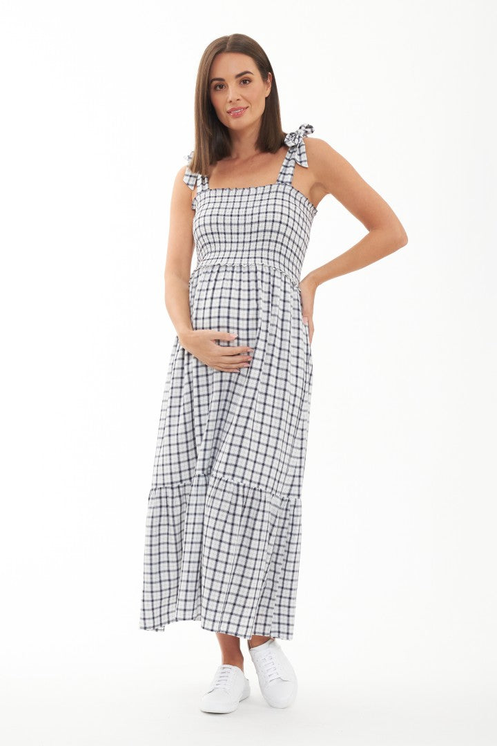Phoebe Smocked Maternity Dress (White Plaid) | Maternity Dresses Canada