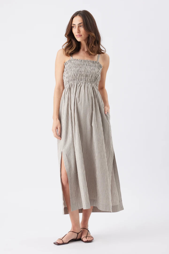Leo Stripe Shirred Dress (Natural/Black) | Ripe Maternity  Carry Maternity  Canada