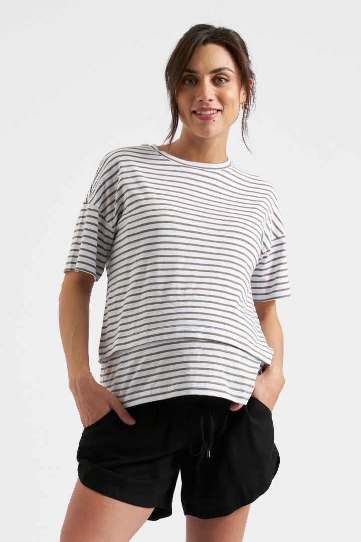 Claudette Maternity & Nursing Stripe Tee (White/Olive) | Ripe Maternity