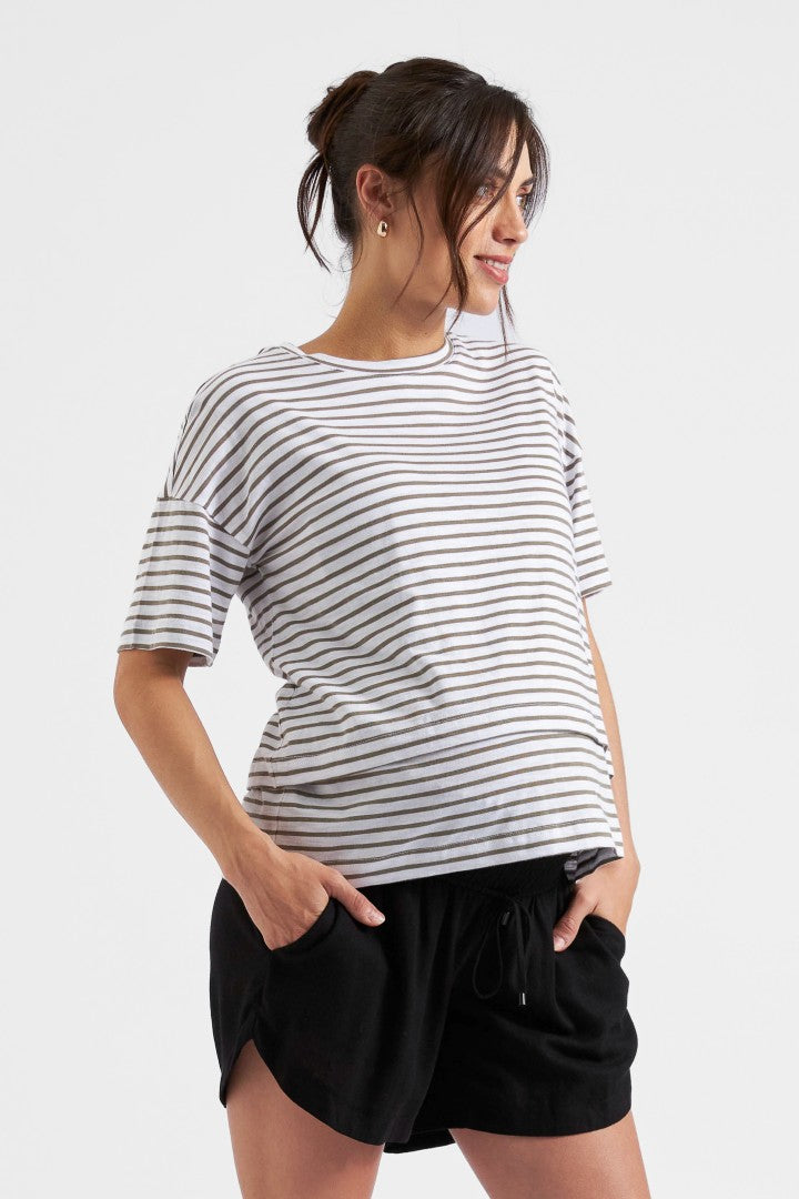 Claudette Maternity & Nursing Stripe Tee (White/Olive) | Ripe Maternity