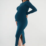 Embrace your curves with the Scarlett Rib Maxi Dress. Crafted from our ultra-soft baby rib fabric, this dress provides impressive stretch and retention. The bodycon fit gracefully hugs your bump, and the side slit allows for easy movement.