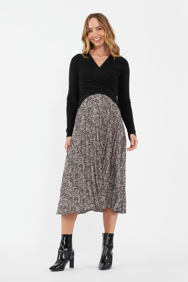 Florence Pleat Maternity Skirt (Black/Dusty Pink) | Ripe Maternity