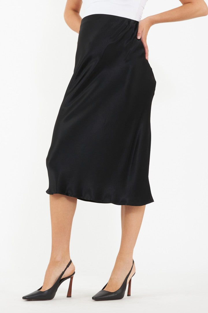Crystal Satin Maternity Midi Skirt (Black) | Ripe Maternity Canada