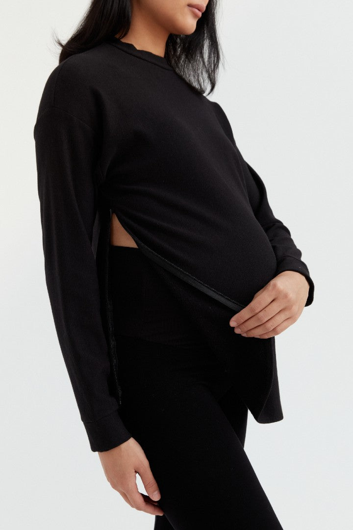 Black Cozy Fleece Side Zip Sweatshirt | CARRY Maternity | Maternity & Nursing Sweaters Canada