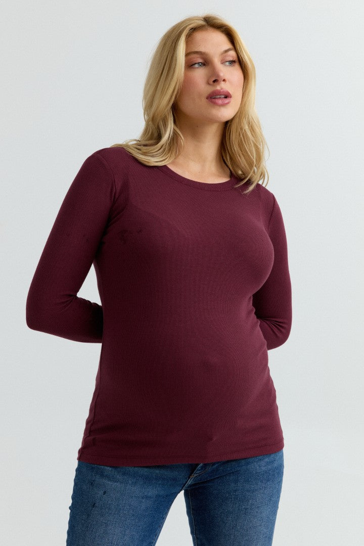 Soft Rib Maternity Long Sleeve Tee (Maroon) | CARRY