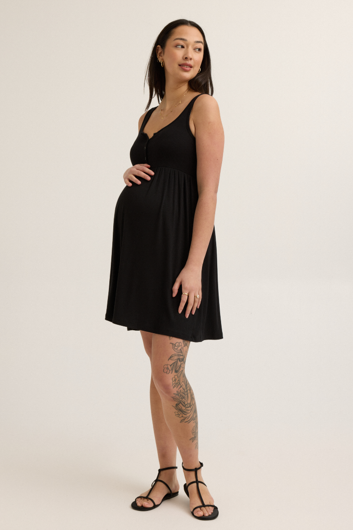 Modal Button-Front Knit Nursing Dress (Black) | CARRY