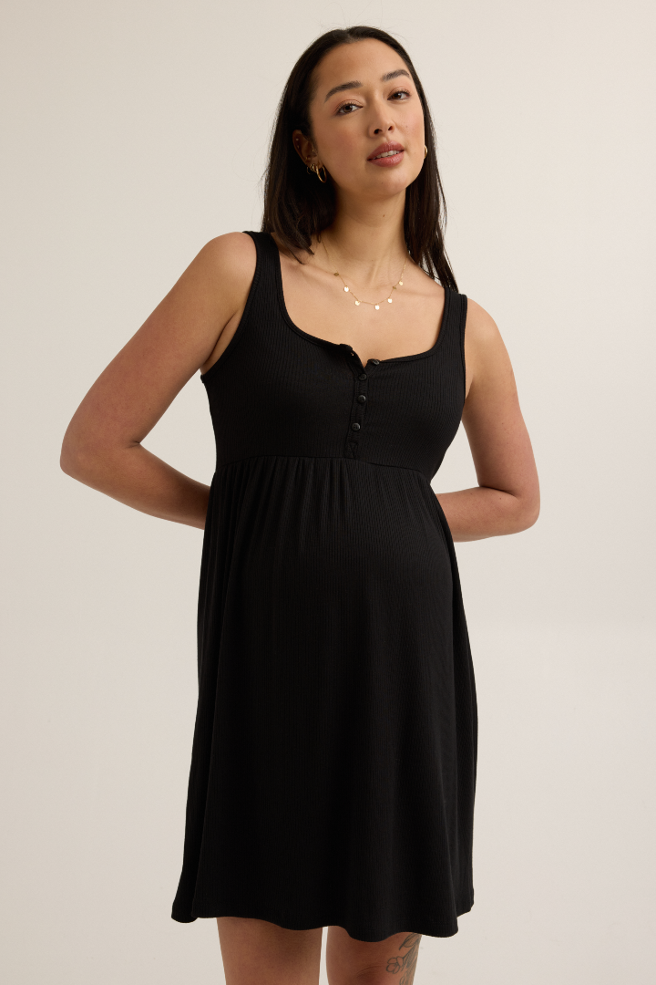 Modal Button-Front Knit Nursing Dress (Black) | CARRY