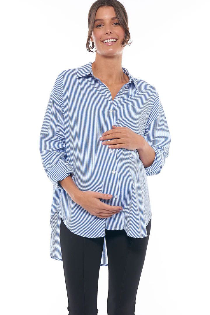 Draw The Line Maternity Shirt (Mid Blue Stripe) | Bae The Label Canada