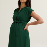 Belted Woven Maternity Work Dress (Emerald) | CARRY