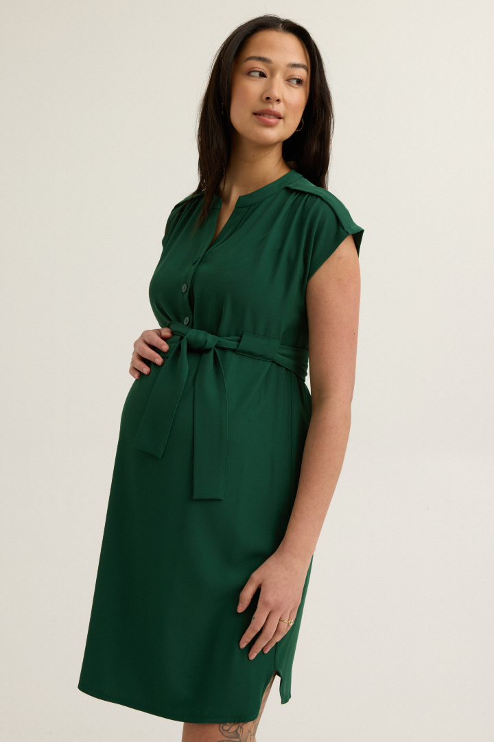 Belted Woven Maternity Work Dress (Emerald) | CARRY