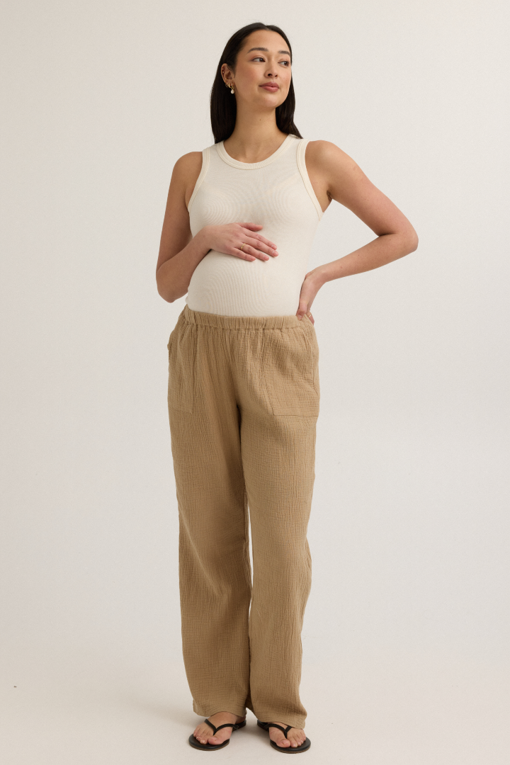 Breezy Cotton Gauze Maternity Pant (Sand) | CARRY