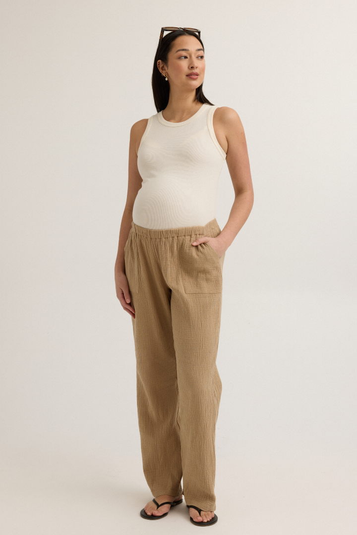 Breezy Cotton Gauze Maternity Pant (Sand) | CARRY