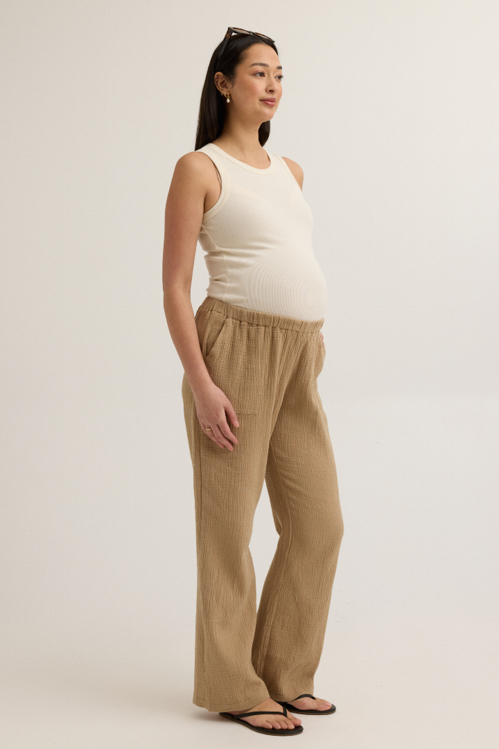 Breezy Cotton Gauze Maternity Pant (Sand) | CARRY