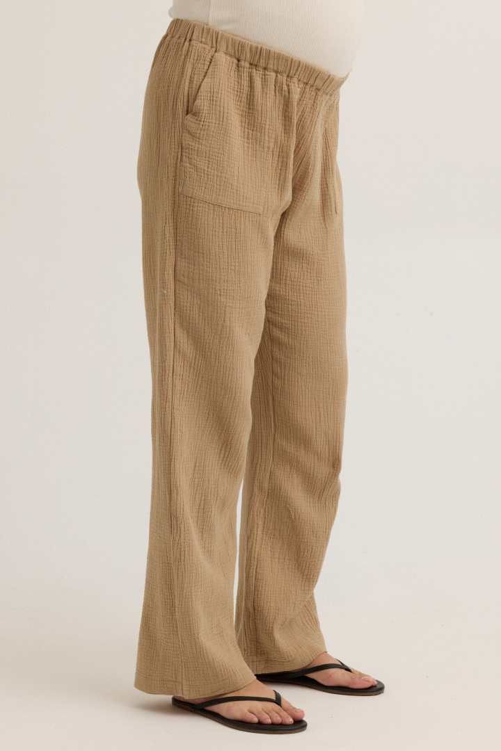 Breezy Cotton Gauze Maternity Pant (Sand) | CARRY