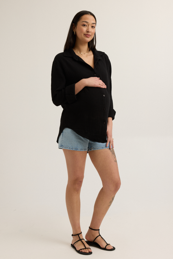 Airy Cotton Maternity Shirt (Black) | CARRY