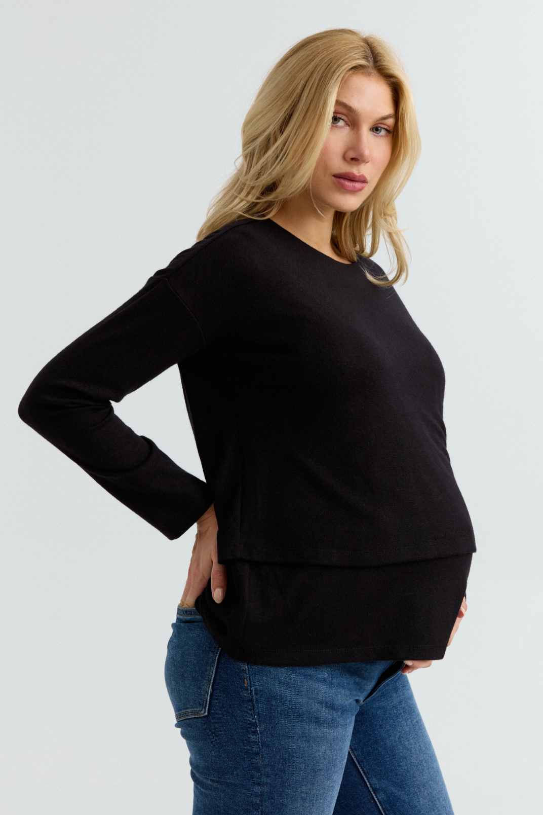 Brie Layered Knit Nursing Sweater (Black) | CARRY