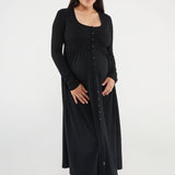 The Cadence Nursing Dress offers effortless style and all-day comfort in ultra-soft modal rib. Long sleeves and a full-length silhouette make it ideal year-round, while the functional button front allows for easy nursing and customizable leg coverage.