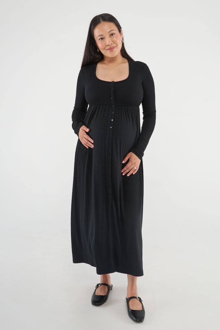 The Cadence Nursing Dress offers effortless style and all-day comfort in ultra-soft modal rib. Long sleeves and a full-length silhouette make it ideal year-round, while the functional button front allows for easy nursing and customizable leg coverage.