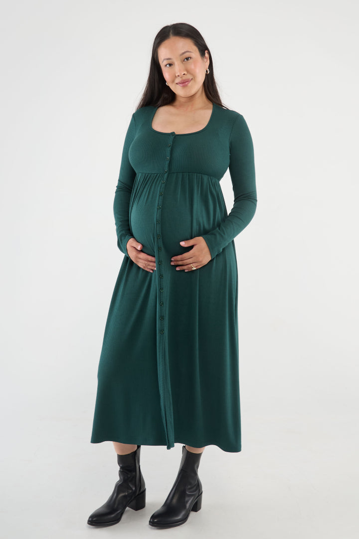 The Cadence Nursing Dress offers effortless style and all-day comfort in ultra-soft modal rib. Long sleeves and a full-length silhouette make it ideal year-round, while the functional button front allows for easy nursing and customizable leg coverage