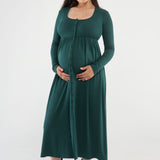The Cadence Nursing Dress offers effortless style and all-day comfort in ultra-soft modal rib. Long sleeves and a full-length silhouette make it ideal year-round, while the functional button front allows for easy nursing and customizable leg coverage