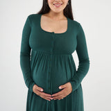 The Cadence Nursing Dress offers effortless style and all-day comfort in ultra-soft modal rib. Long sleeves and a full-length silhouette make it ideal year-round, while the functional button front allows for easy nursing and customizable leg coverage