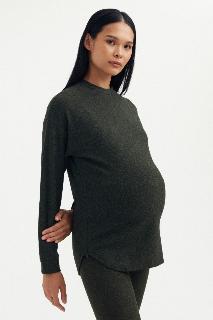 Cozy Fleece Side Zip Sweatshirt - Forest Green | CARRY | Maternity and Nursing Sweaters Canada