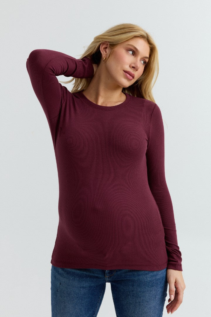 Soft Rib Maternity Long Sleeve Tee (Maroon) | CARRY