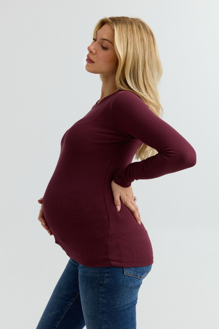 Soft Rib Maternity Long Sleeve Tee (Maroon) | CARRY