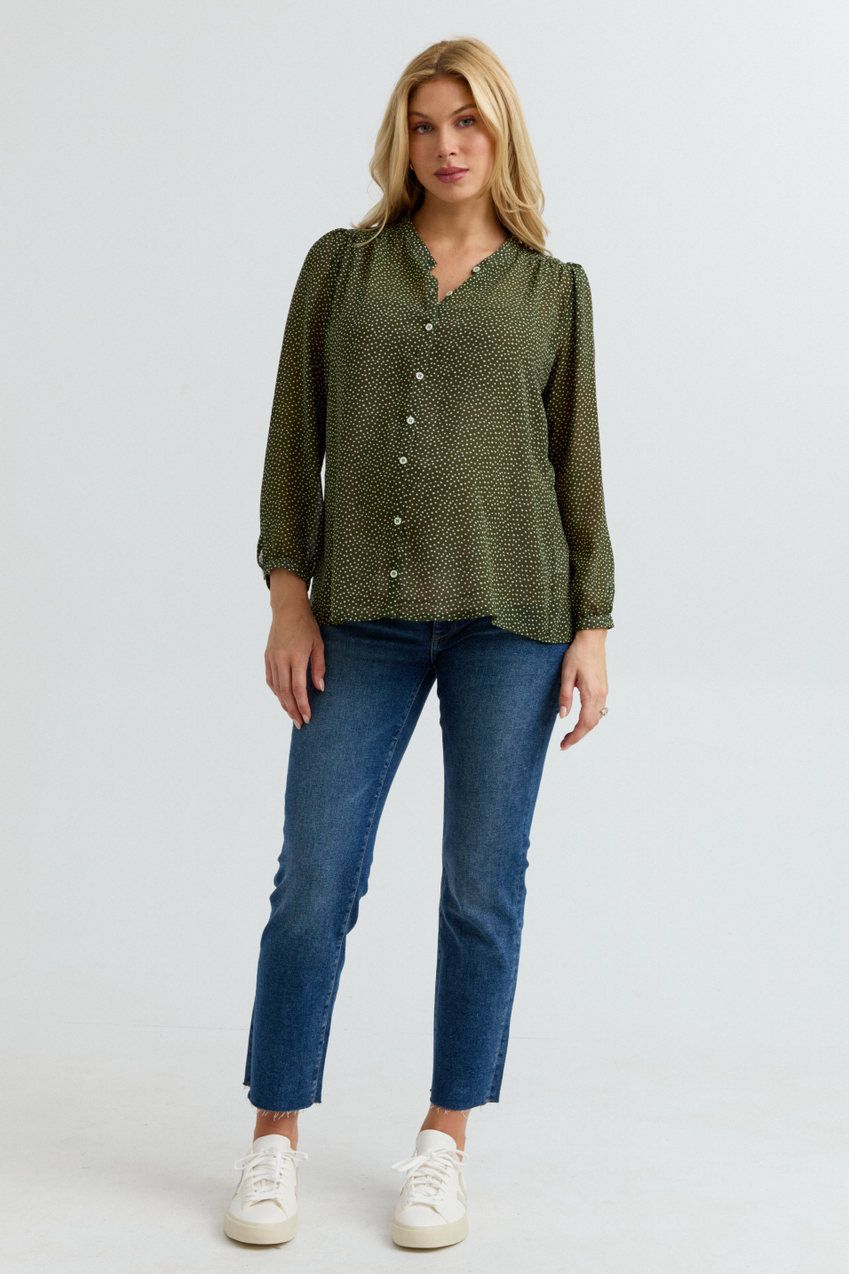 Eden Button-Up Maternity Shirt (Olive/White Dot) | CARRY