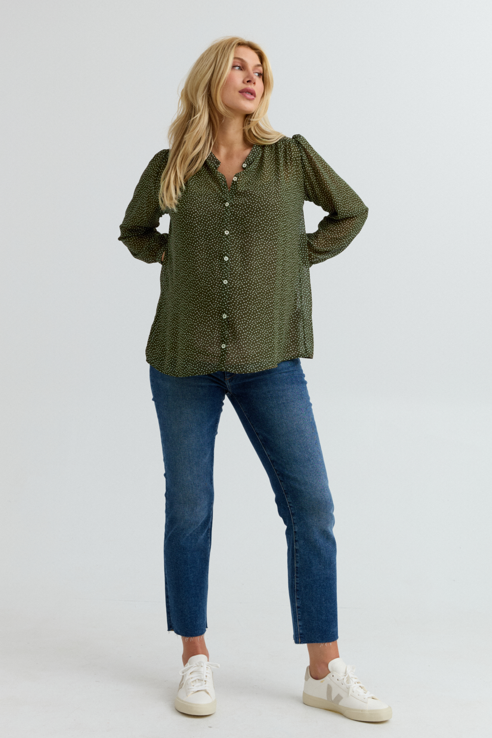 Eden Button-Up Maternity Shirt (Olive/White Dot) | CARRY