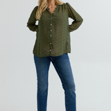 Eden Button-Up Maternity Shirt (Olive/White Dot) | CARRY