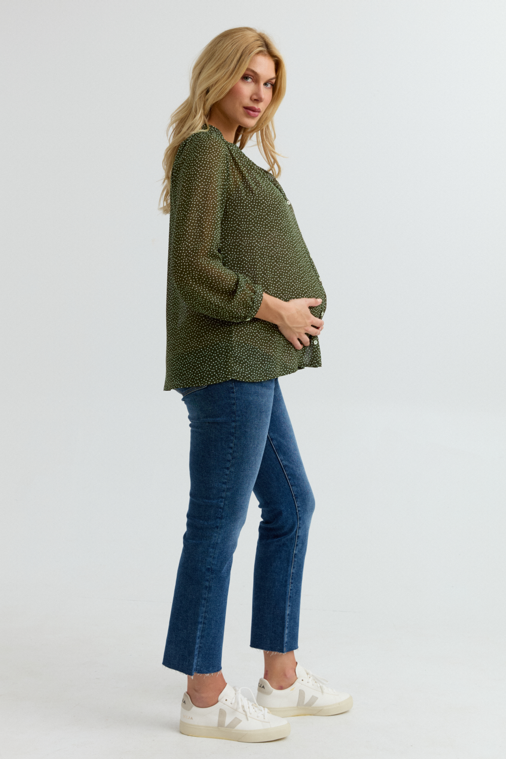 Eden Button-Up Maternity Shirt (Olive/White Dot) | CARRY