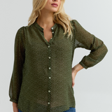 Eden Button-Up Maternity Shirt (Olive/White Dot) | CARRY