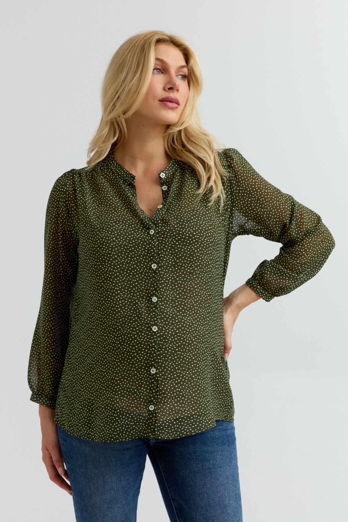 Eden Button-Up Maternity Shirt (Olive/White Dot) | CARRY