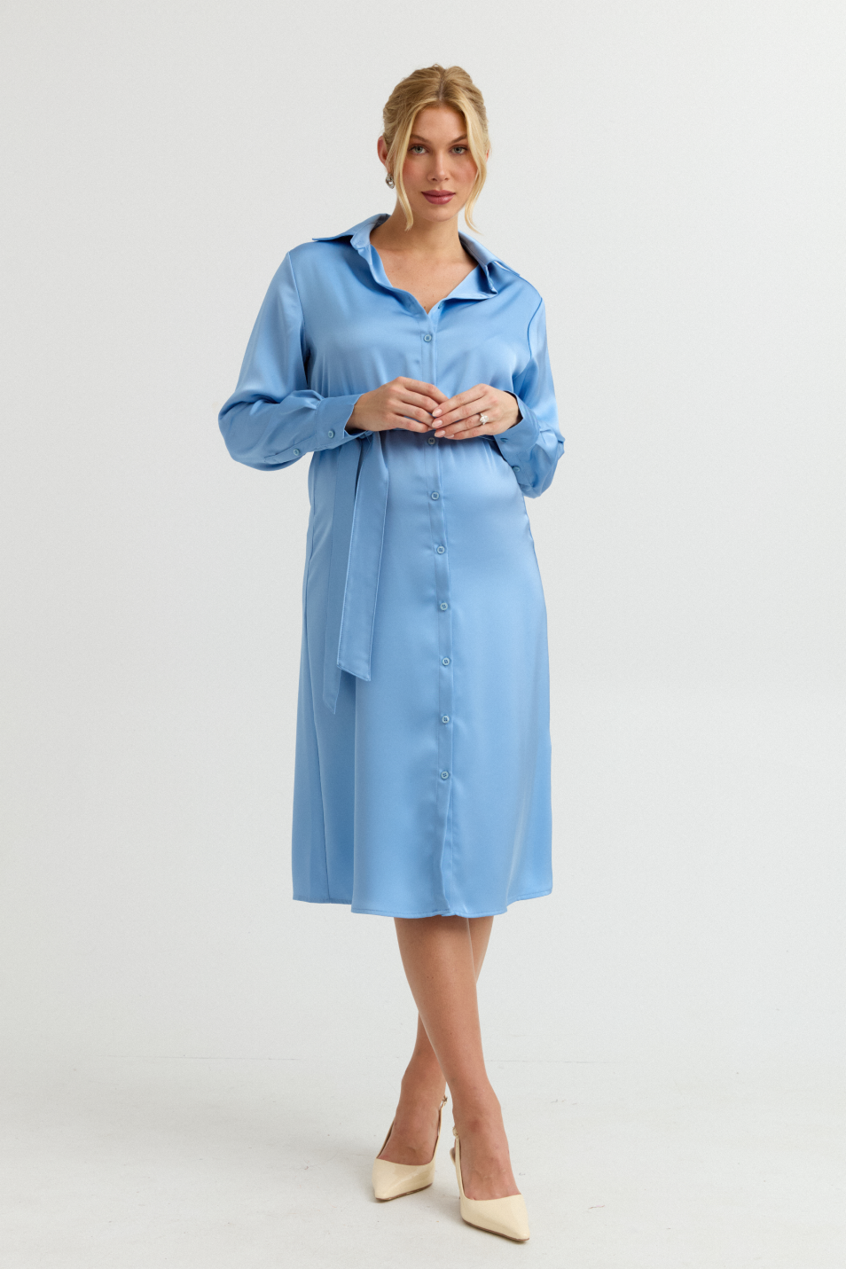 Grace Evening Maternity Satin Shirt Dress (Cloud Blue) | CARRY