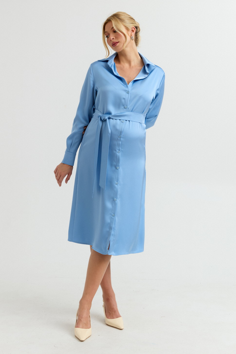 Grace Evening Maternity Satin Shirt Dress (Cloud Blue) | CARRY