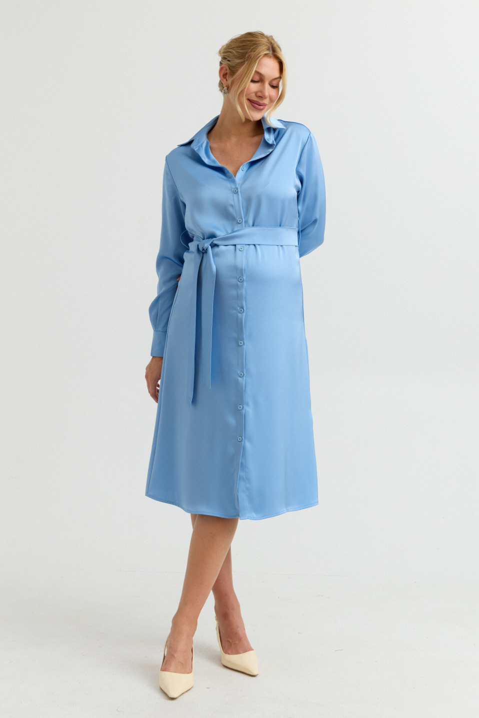 Grace Evening Maternity Satin Shirt Dress (Cloud Blue) | CARRY