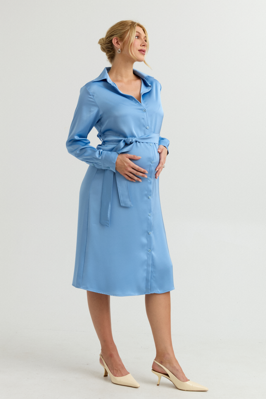 Grace Evening Maternity Satin Shirt Dress (Cloud Blue) | CARRY