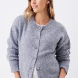 A woman wearing a light gray heathered knit cardigan with a button-up front, styled over a white top and white pants, photographed against a clean white studio background.
