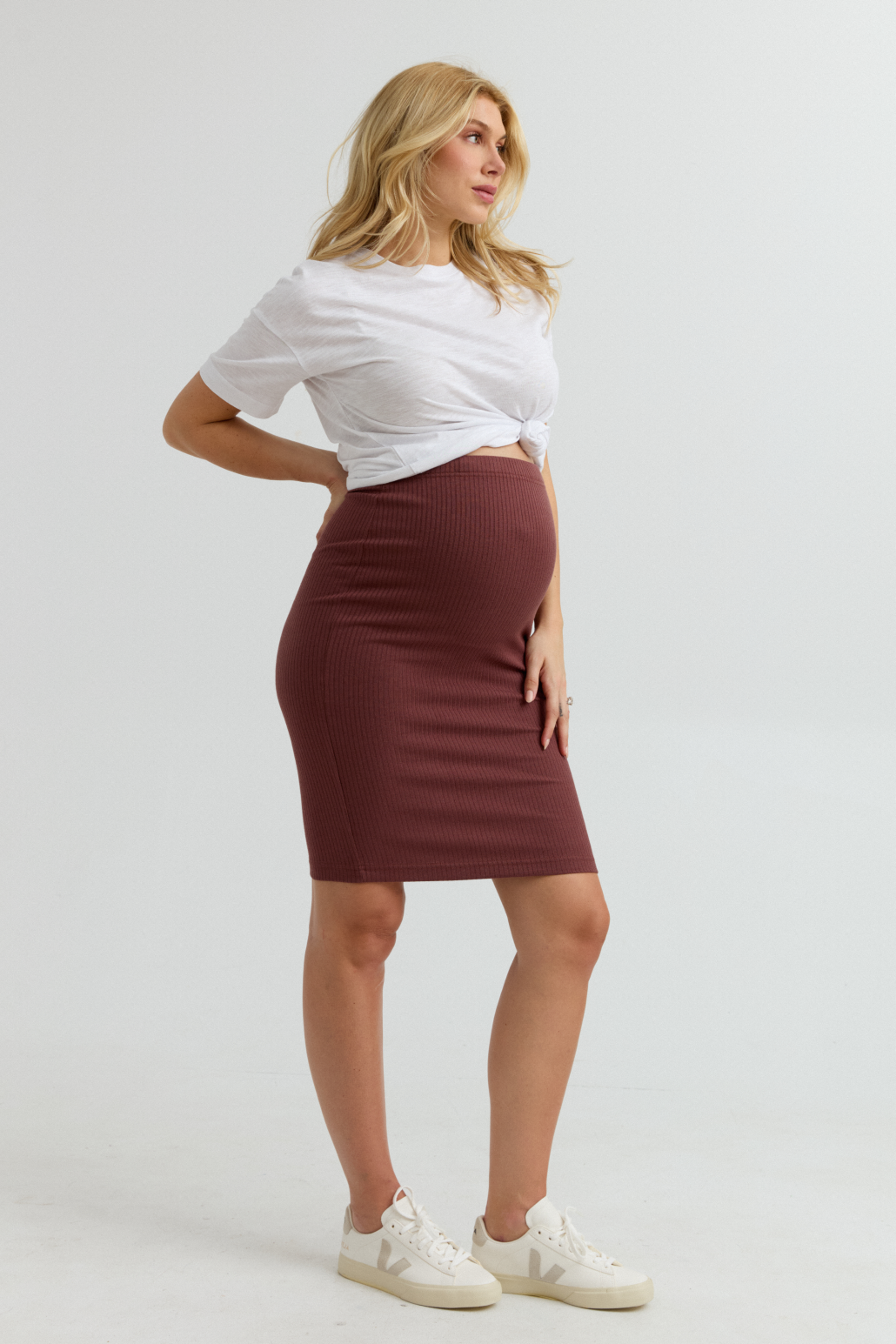 Maternity Ribbed Pencil Skirt (Rose Taupe) | CARRY